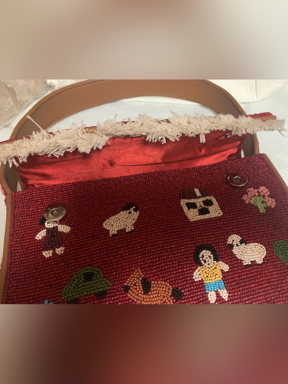 STAUD Tommy Beaded / Embroidered Folk Town Shoulder Bag Red W Tan Trim $325 MSRP - Picture 10 of 17